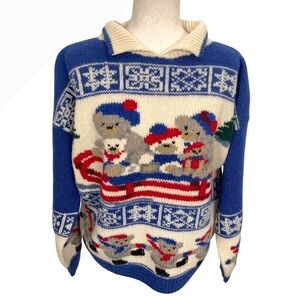 Vintage South Wool Sweater Womens Large Blue Teddy Bears Snow Sled‎ Handknit